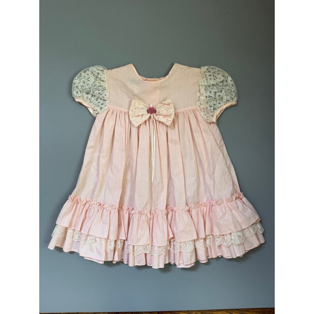 Vintage JoLene Baby Girls Pink Ruffle Lace Floral Bow Dress, 4T